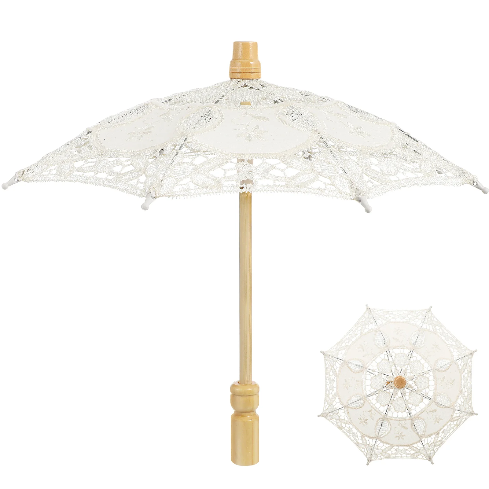 Parasol Umbrellas Cotton Lace Bridal Veil White Wedding Photography Prop Wooden Handle 3000X3000X2600CM Beige Bride