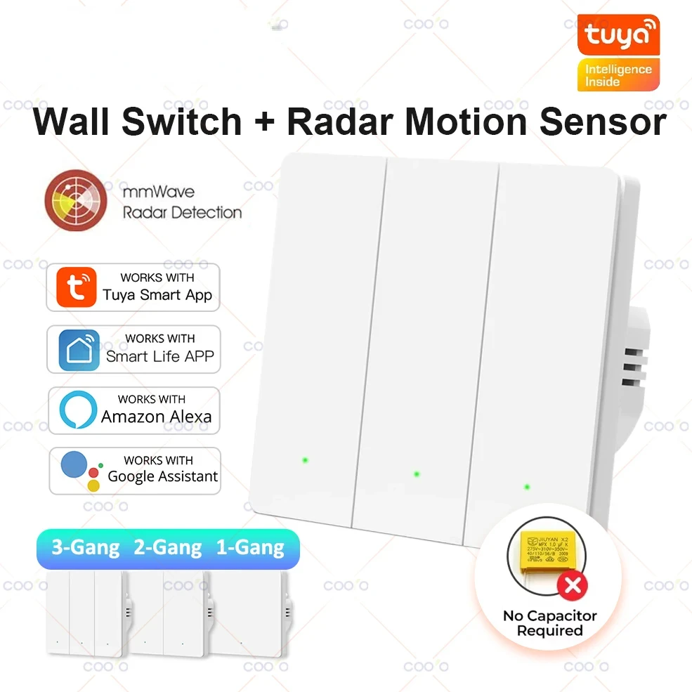 

Tuya ZigBee Smart Light Switch with Radar Motion Sensor No Neutral Wire No Capacitor Needed Wall Switch Works with Alexa Google