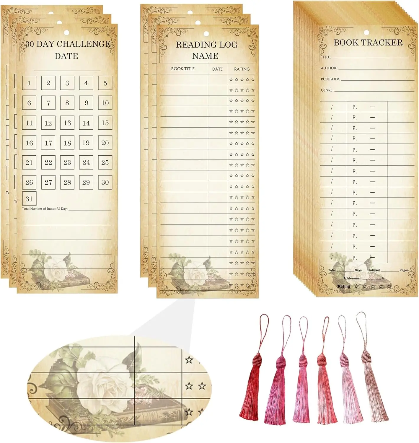 Book Tracker Bookmark Reading Log Journal Corns Nail 30-Day Habit Record Cardstock 3x8Inch Reading List Bookmark with Tassels