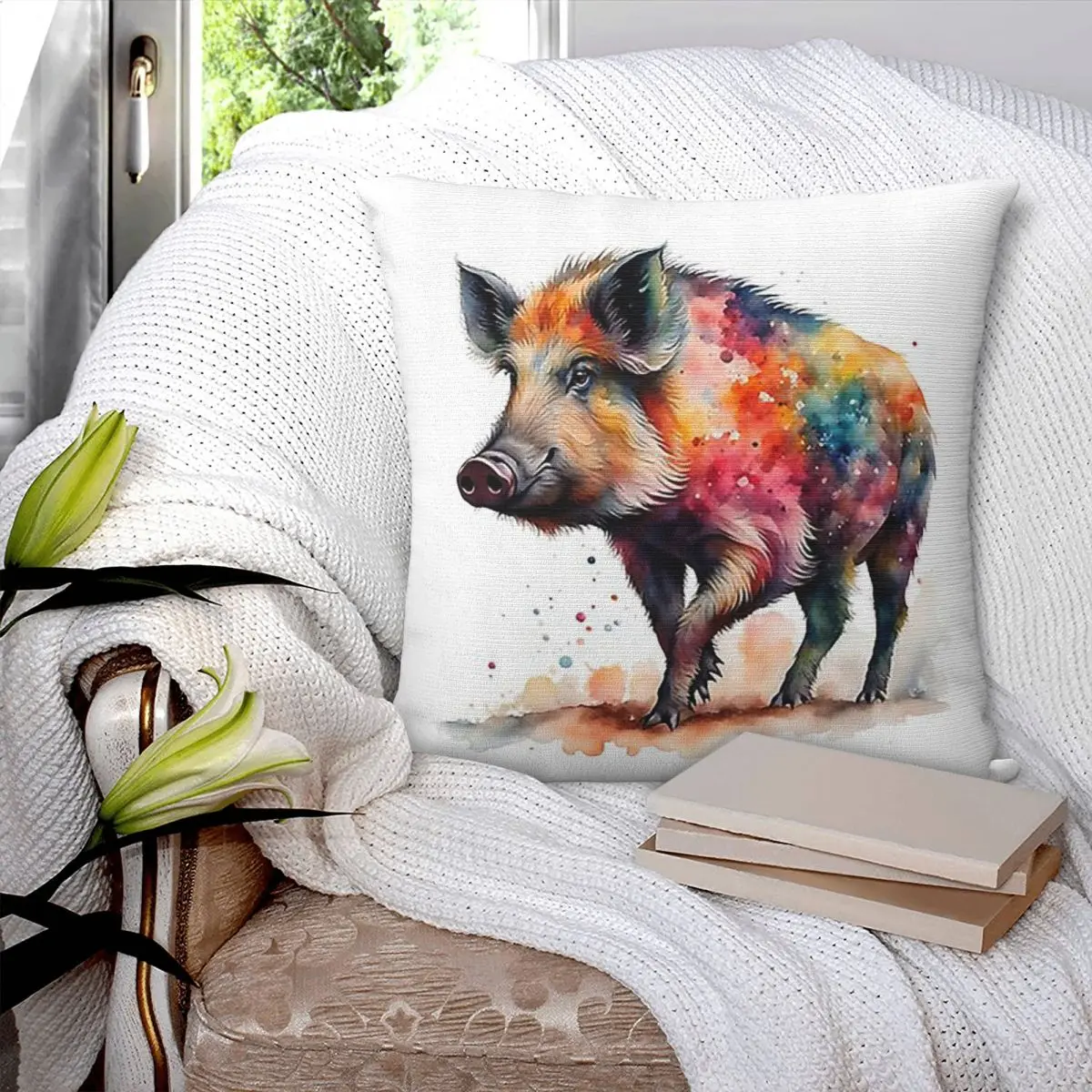 

Красочная акварельная квадратная наволочка с диким кабаном, свиньей, наволочка, полиэстеровая подушка, декор, удобная декоративная подушка для домашнего дивана