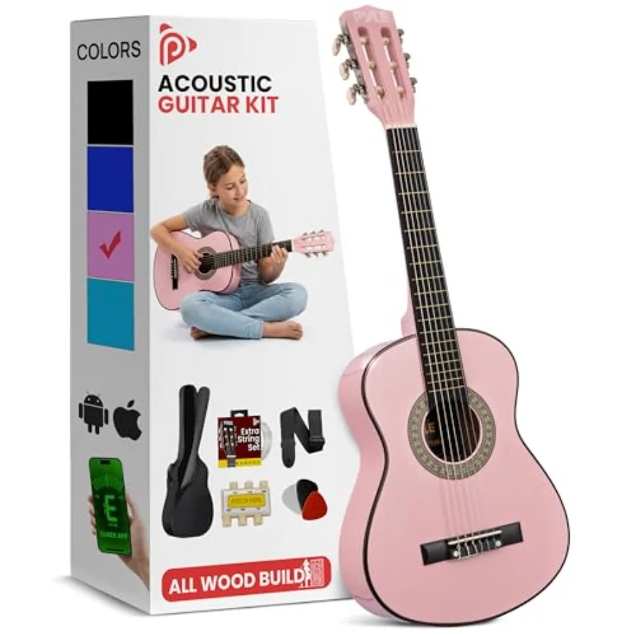 

30-Inch beginner acoustic guitar kit for travel and practice, handcrafted wood body, natural finish, includes strap, strings, p