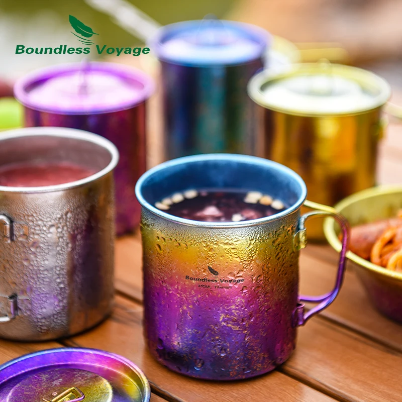 

Boundless Voyage 450ml Outdoor Camping Titanium Mug Colorful Tea Coffee Cup with Lid Travel Drinkware Single Layer Mug