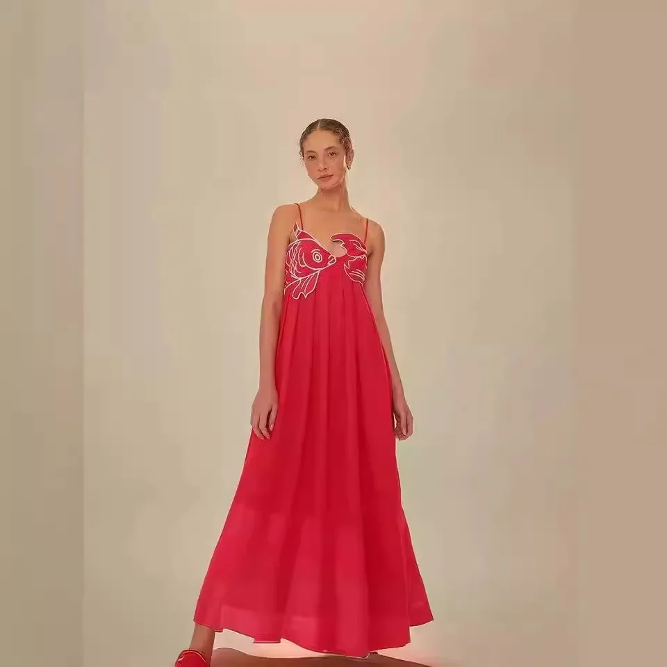 Red Floral Embroidered Strapless Suspender Dress Summer Sexy Bodycon Midi Dresses