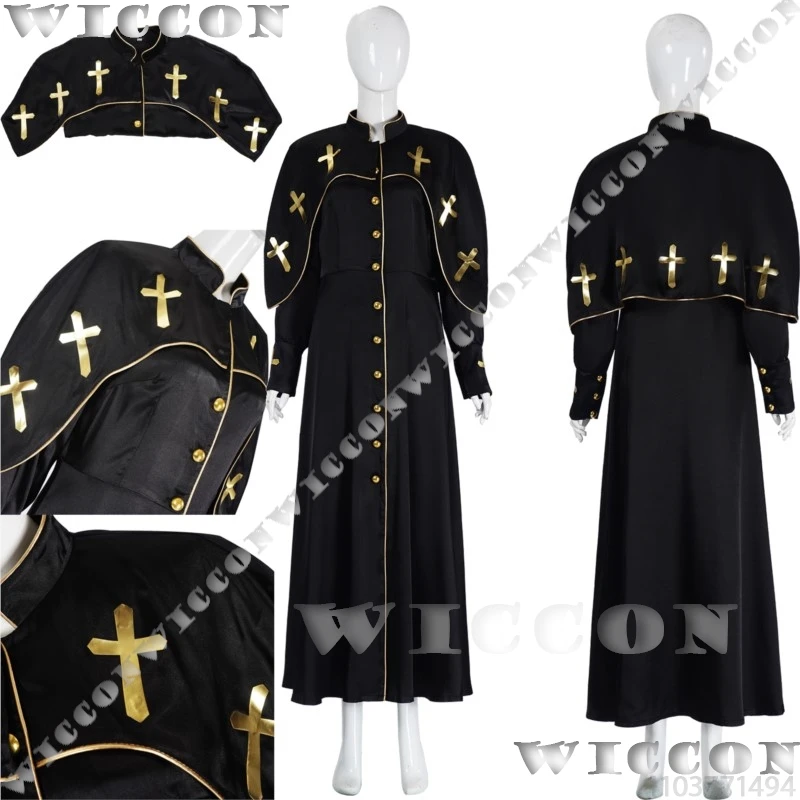 

2025 Priest New Suit Cosplay Black Khmer-patterned Long Tobe With Vest Unsex Dress Woman Man Halloween Party Carnival Outfit