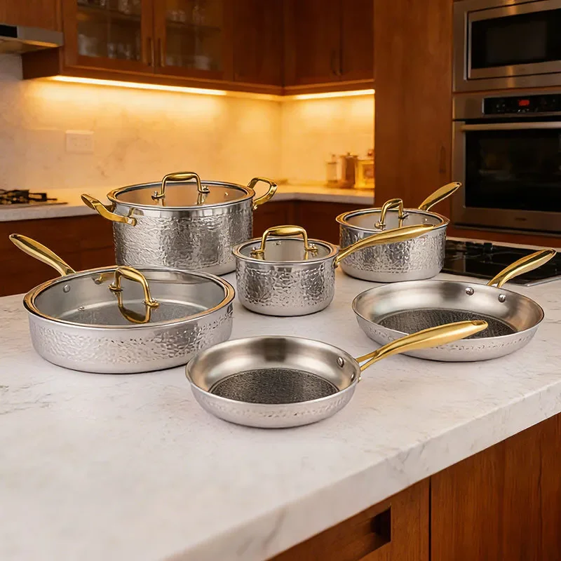 Luxury 3 Layer Steel Pot Set Hammered Finish Induction Gas Compatible Cookware Gift Box Non Stick Frying Pan Kitchen