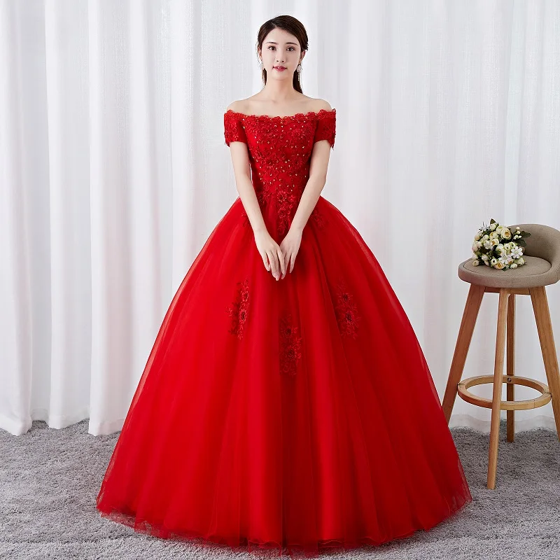 Vestido De quinceañera rojo clásico, elegante, hombros descubiertos, exquisito aplique De encaje, Vestido De Baile largo De talla grande