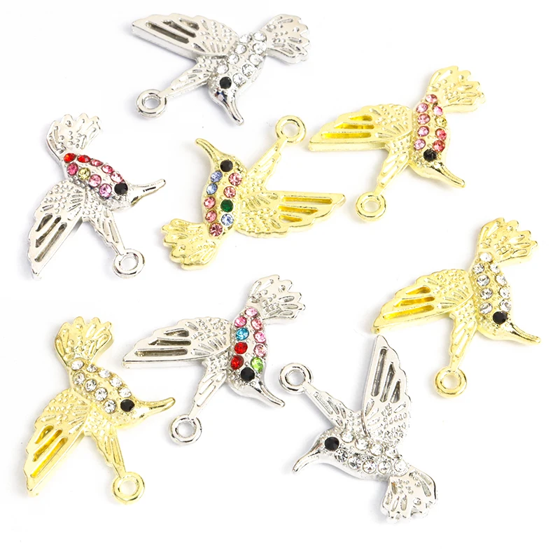 10pcs Cute Hummingbird Charms Crystal Rhinestone Lovely Birds Pendants Fashion Accessories for Jewelry Making Bracelets Necklace