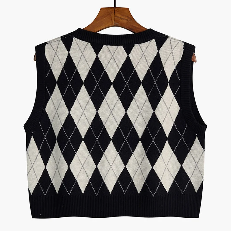 Argyle Sweater Vest Women Retro All-match V-neck Cropped Sweaters Korean Style High Street Classic Loose Knitting Vests Students