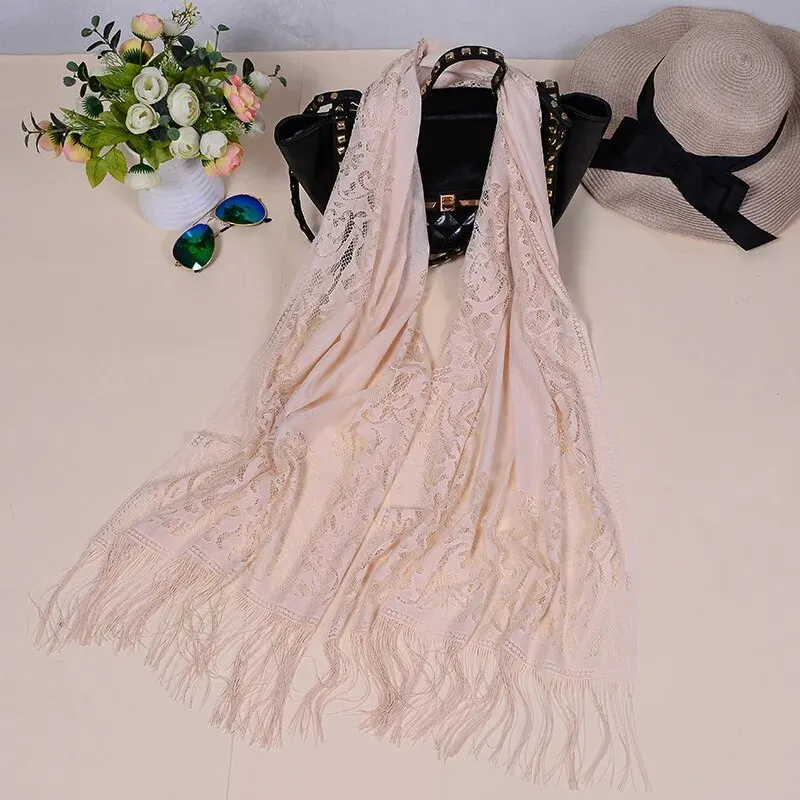 New Design Hot Brand Solid Lace Summer ScarfHollow Embroidered Fringed Mesh Shawl Women Muslim Hijab Shawl Long Soft Wrap