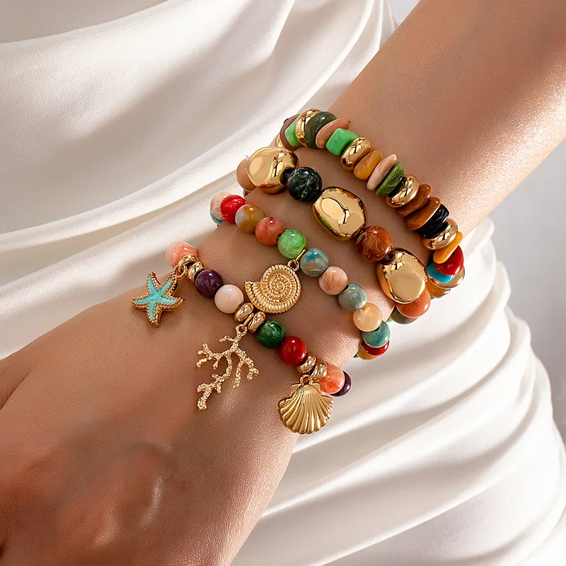 4 Pieces/1 Set Popular Bohemian Style Bangle Starfish Shell Coral Snail Pendants Multi-layer Elastic Rope Beaded Bracelet
