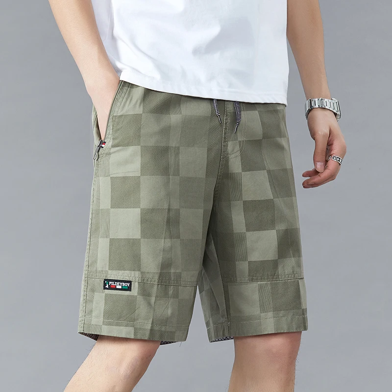 Calções de elástico de cintura alta masculino, moletom com cordão, cordão, xadrez, zíper, casual, reto, bolsos, verão