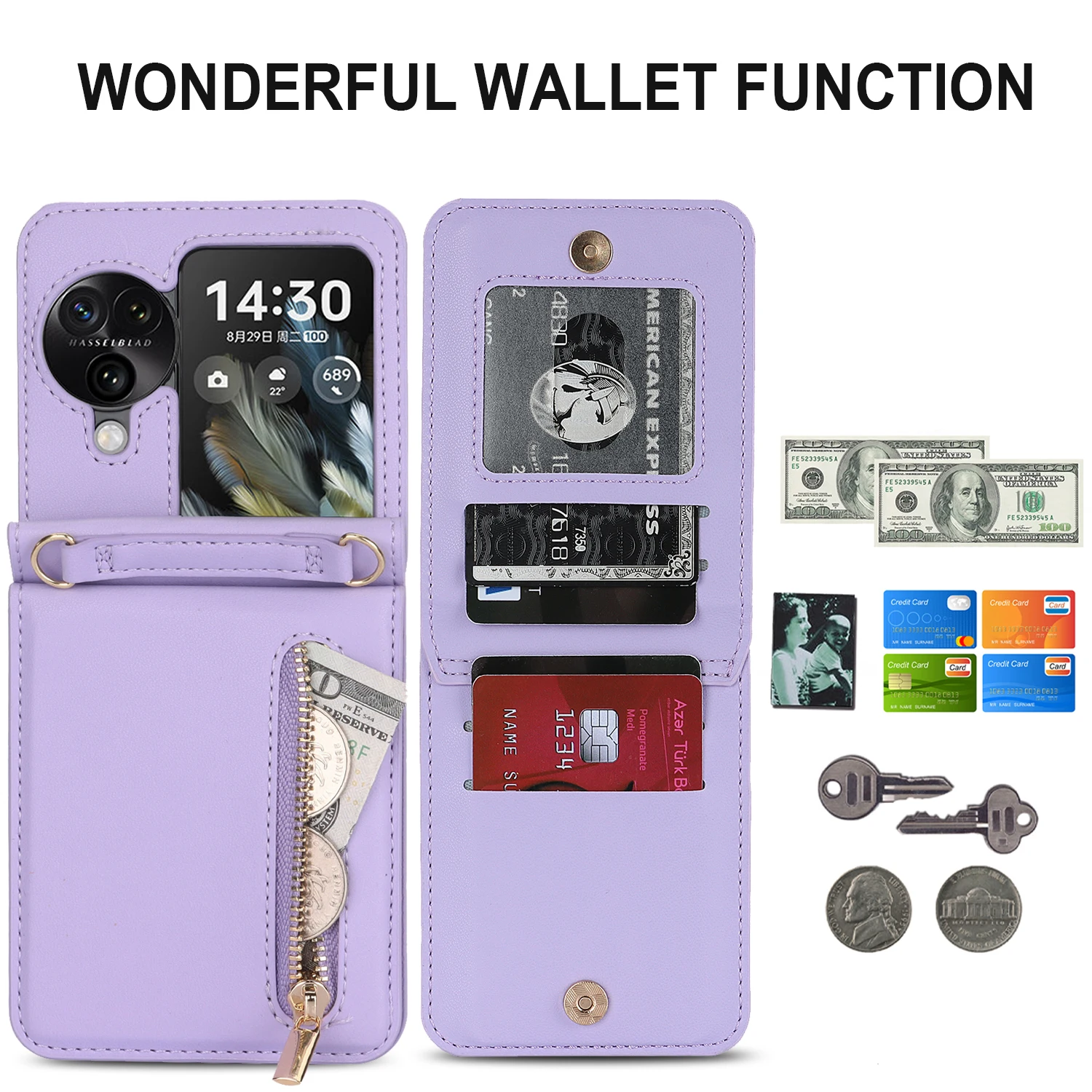 Crossbody Zipper Cards Solt Wallet Leather Case For Oppo Find N3 Flip 5g N2 Pgt110 N2flip Vertical Purse Long Lanyard Bag Cover