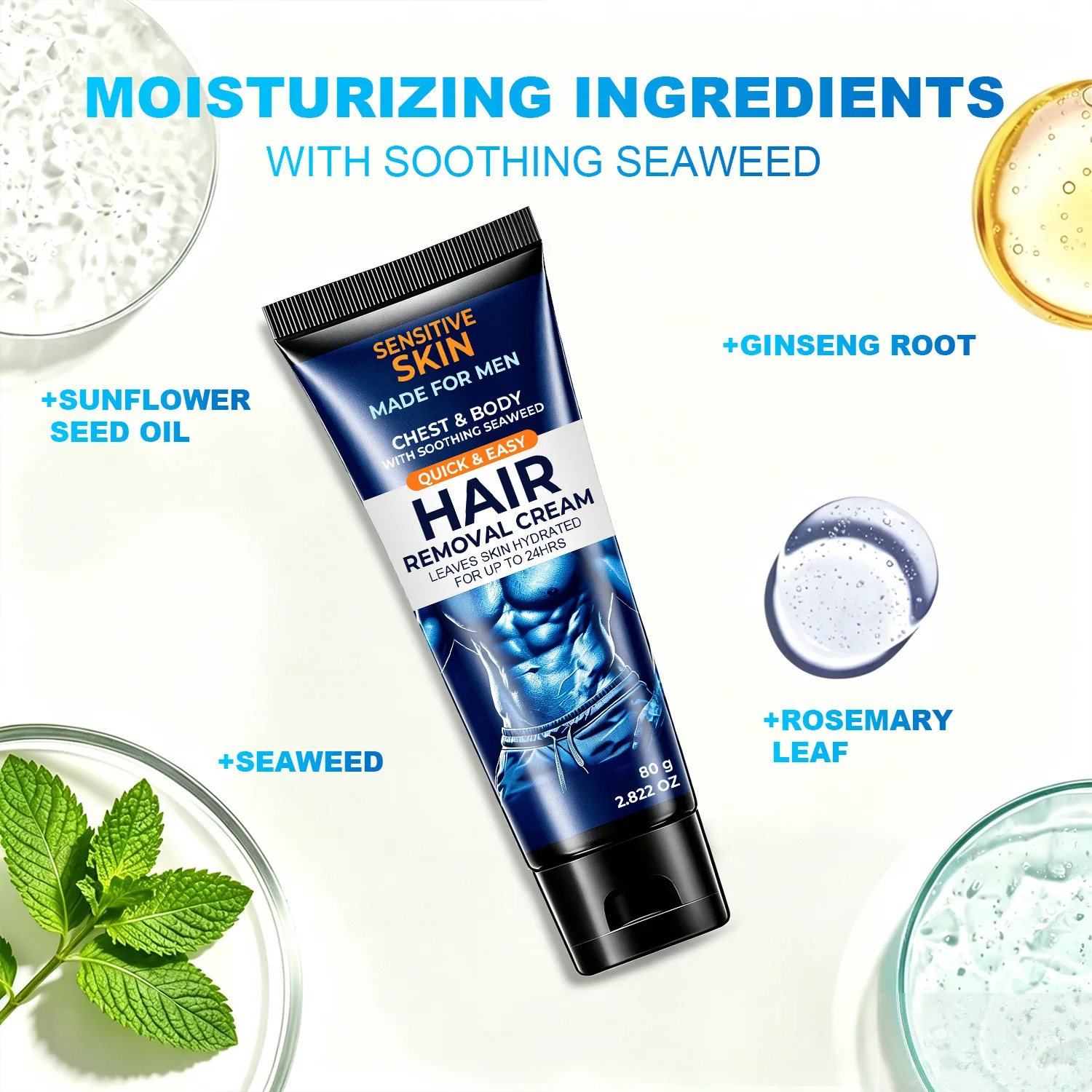 Hair Removal Cream for Men – Sensitive Skin Formula with Soothing Seaweed, Quick & Easy Chest, Body & Intimate Areas, Hydrating
