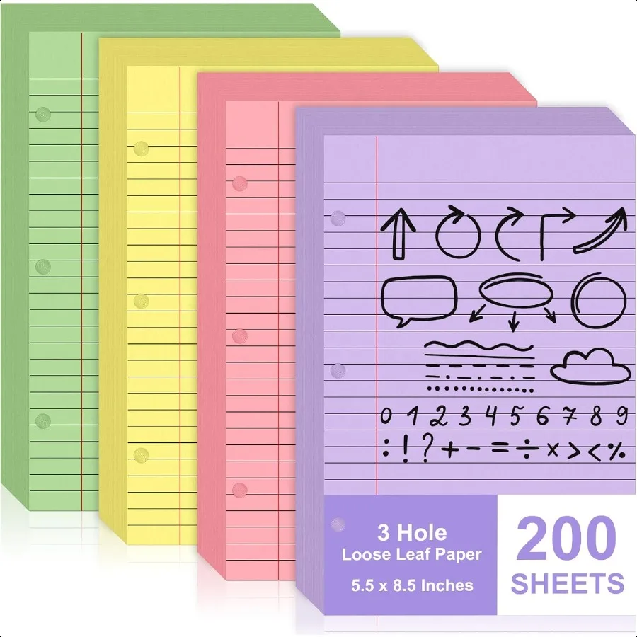 

200 Sheets Mini Binder Loose Leaf Paper 5.5 x 8.5 Small Binder Filler Paper Lined College Ruled Paper for Mini 3 Ring Binder 3