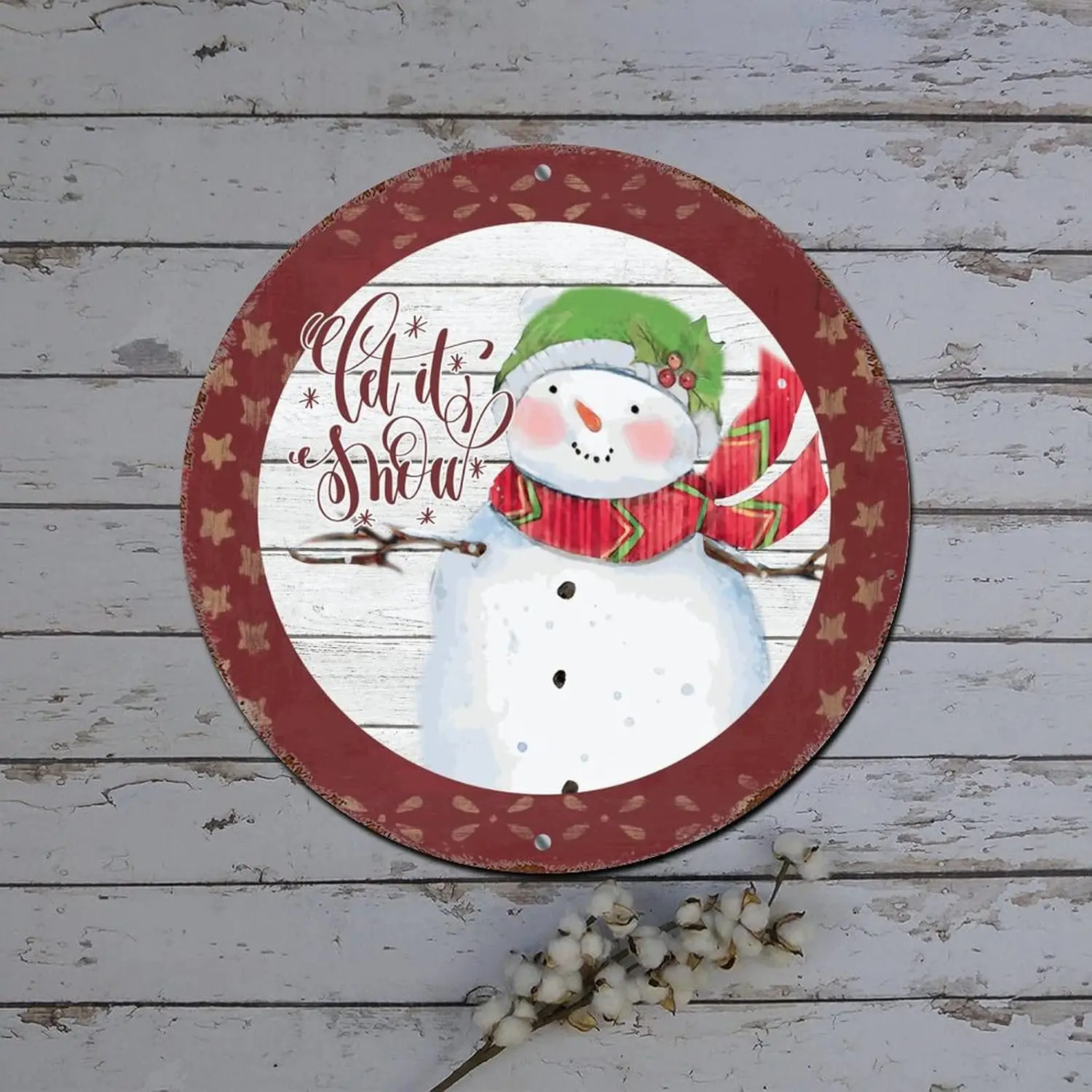 Christmas Metal Tin Signs Let It Snow Snowman Star Wood Grain Round Metal Tin Sign Christmas Wall Decorations Vintage Aluminum S