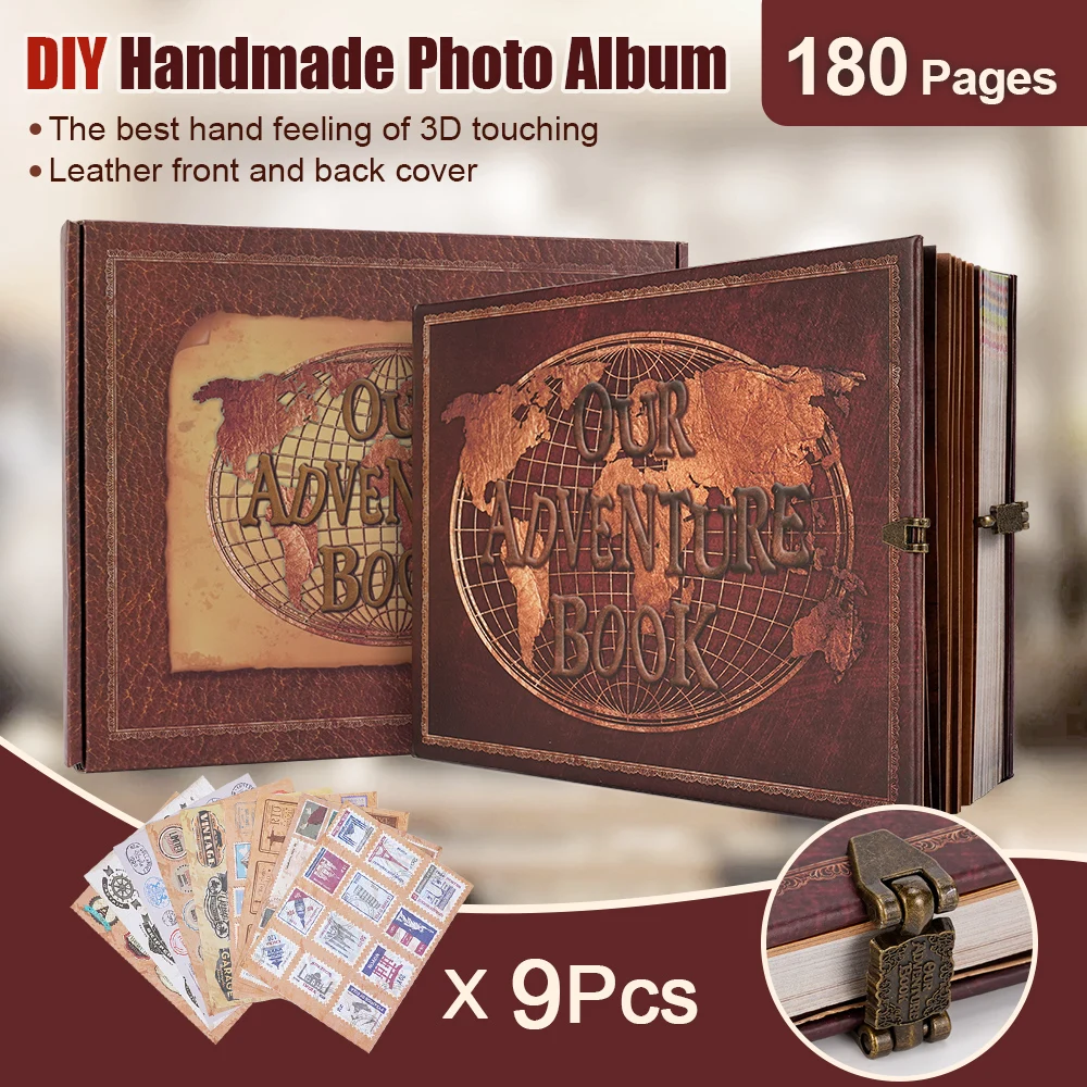 25*20cm Our Adventure Book 180 Pages Scrapbook Photo Album Retro Embossed Letter Leather Cover Travel Journal Family Memory Book