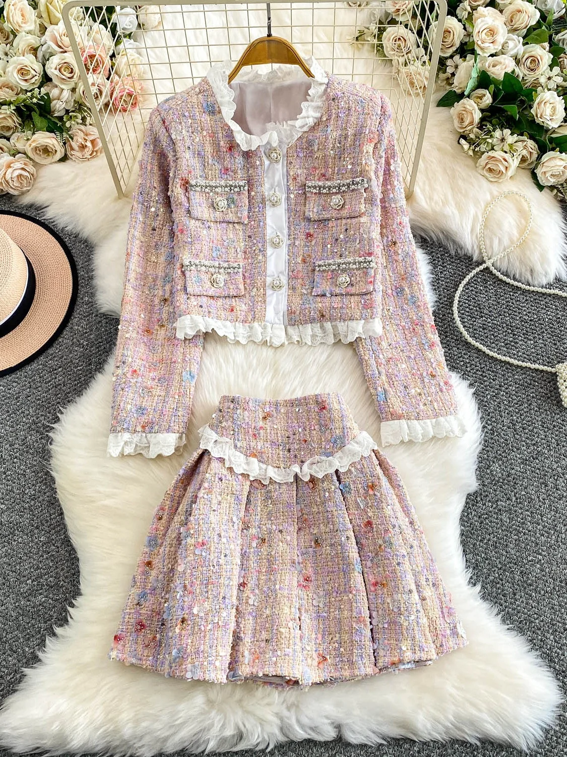 

Sweet Sle Lace Patchwork ort Skirt And Jaet Two-Piece Set Women's Faion Heavy Embellied Beaded Bridesmaid Outfit