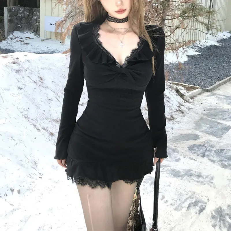 

Sexy Hotsweet V-Neck Folds Dresses Women's Clothing Solid Color Spring Autumn Fashion Lace Spliced Aura Waist Bag Hip Mini Dress