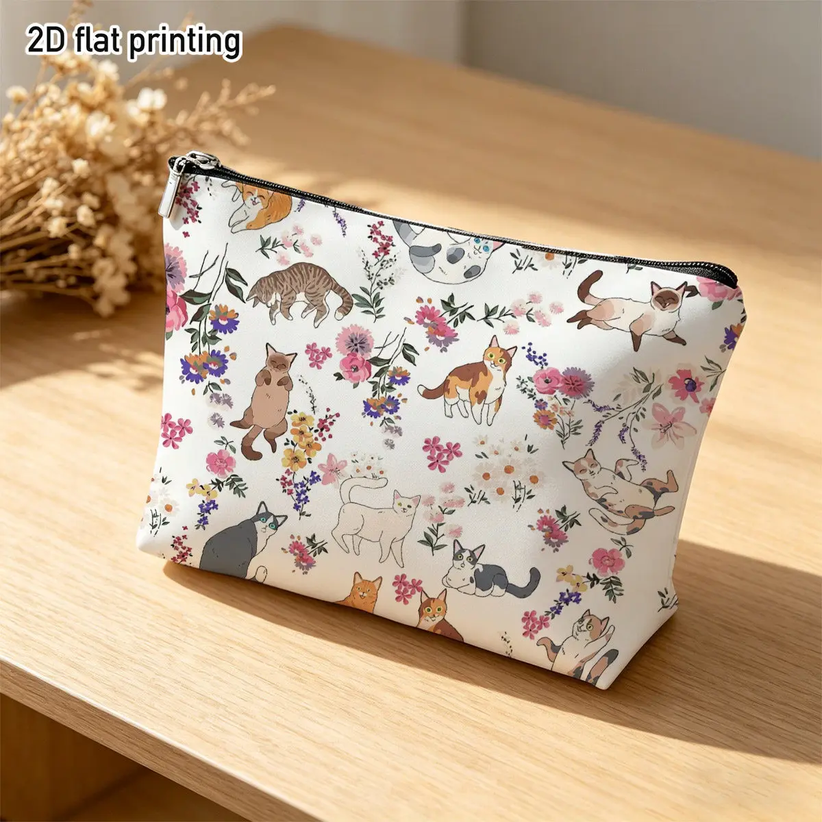 Watercolor Floral Cat Zipper Makeup Bag Vintage Wildflower Multi‑Breed Kitten Print Cosmetic Pouch Portable Ladies Storage Purse