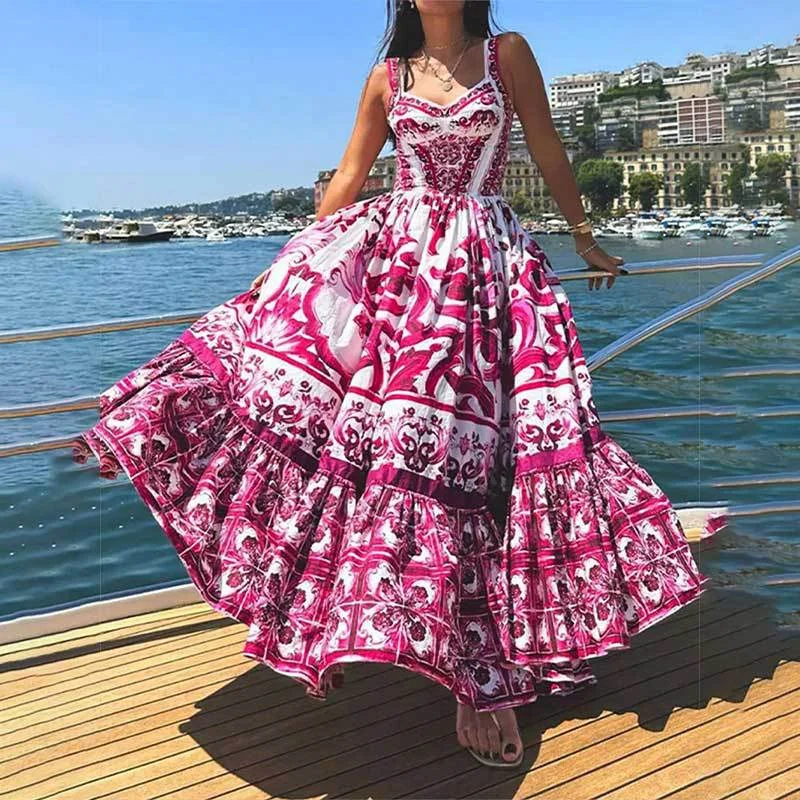 

Womens Dresses Bohemian Dress Summer 2024 Print Floral Dress Women Vacation Dress Holiday Clothes Long Elegant Dresses