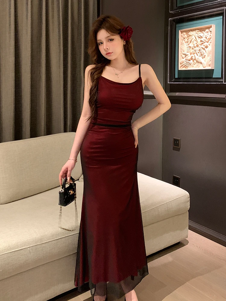 Red mesh slip dress elegant temperament slim fit backless evening dress banquet long dress for formal occasions summer 2024