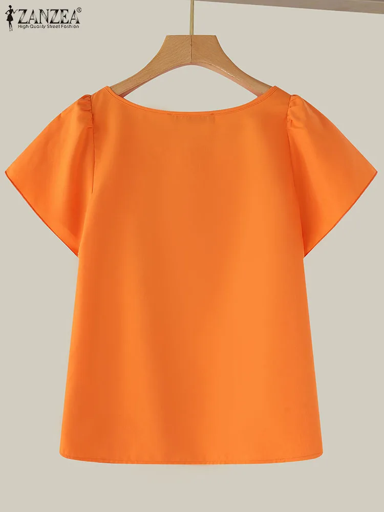 ZANZEA Koreaanse Ruche Ronde Hals Blouse Vrouwen Elegant Patchwork Party Tops Shirts 2024 Herfst Vintage Chiffon Korte Mouw Tunieken