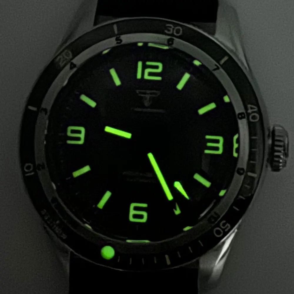 Tandorio NH35A PT5000 Mechanical Automatic Watch Men 200M Water Resistant Green Lume Black Dial Domed Sapphire Steel Bracelet