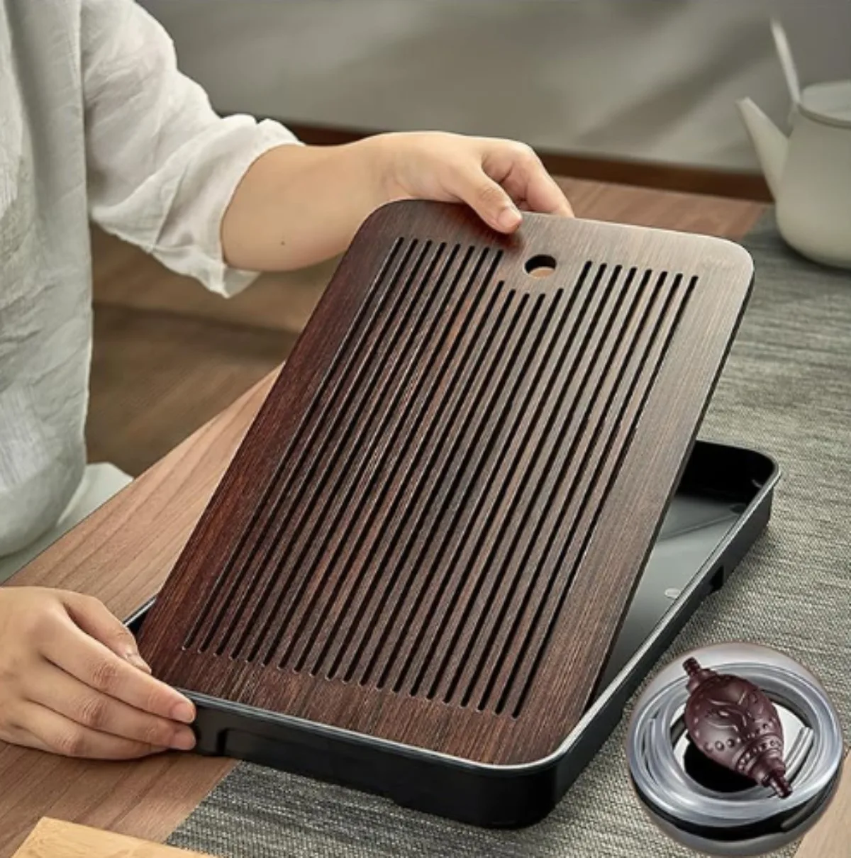 Natural Bamboo Tea Tray with Random Water Pump Tube Detachable Kung Fu Tea Set Base Hidden Water Storage Dry Wet Use Easy Clean