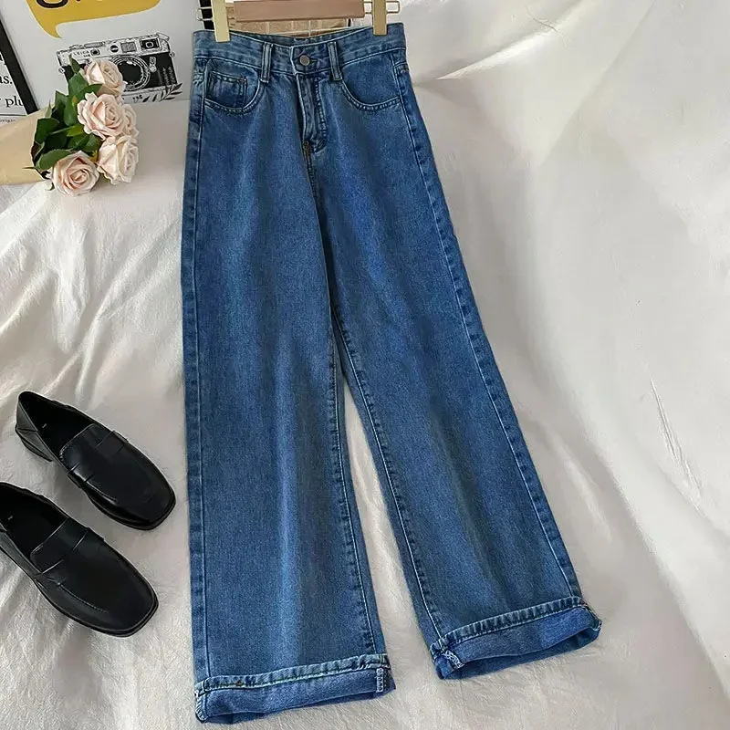 Frühling und Herbst koreanische Version der Studenten breiten Füße gerade große Jeans mit hoher Taille Damen lockere und dünne Hosen Flut