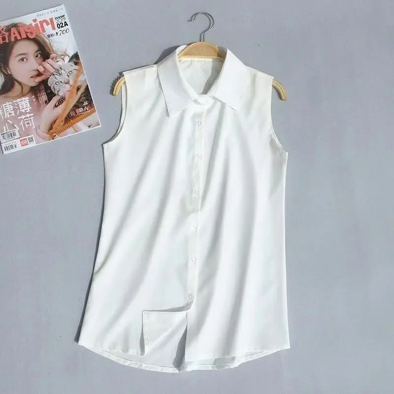 2024 Summer Women\'s Fashion Sleeveless Elegant Button Up Shirt Office Lady Black White Business Casual Turn Down Collar Blouse