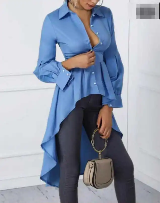 

Blue Long Sve irt Dr Street Sle Front ort Ba Long Single Button Design Pure Color Другой материал Женский irt