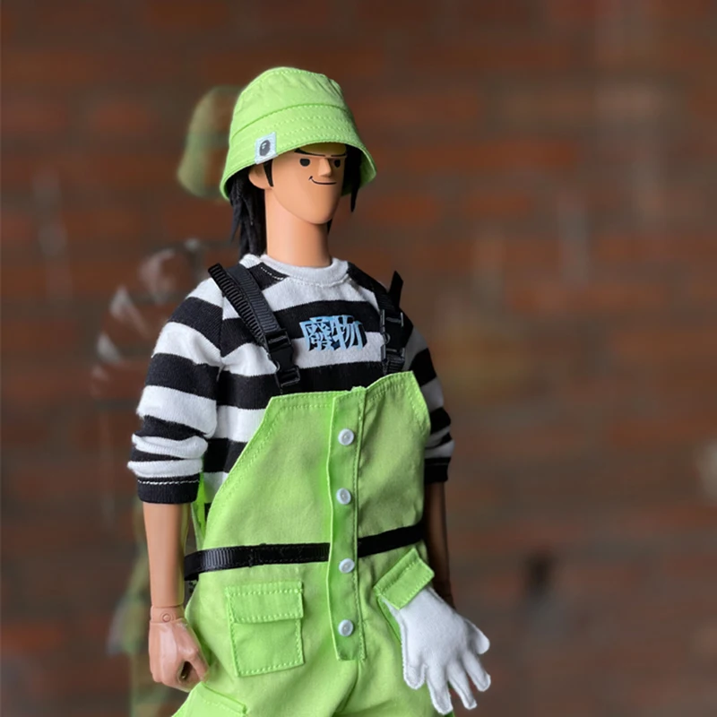 1/6 Scale Fashion Men Stripe T-shirt Bib Pants Suspender Jumpsuits Solid Fisherman Hat fit 12 inches Action Ffigure Body Model