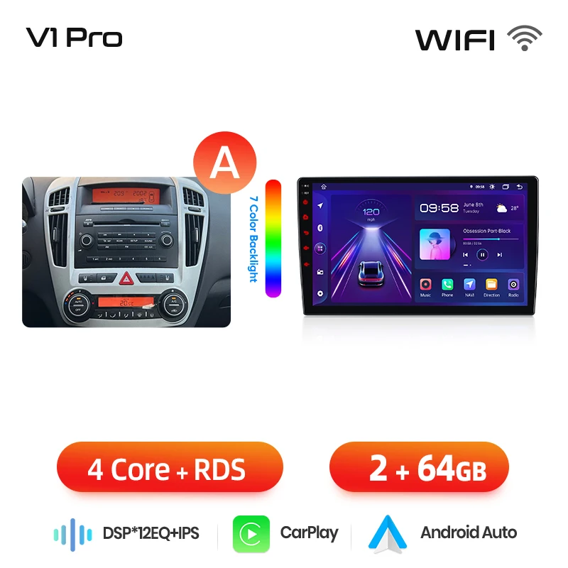 Junsun draadloze CarPlay Android Auto autoradio voor Kia Ceed Mk1 (ED) 2006-2012 met ingebouwde koelventilator, Android GPS navigatie, multimediaspeler, WiFi, DSP, RDS, BT, SWC, IPS touchscreen,