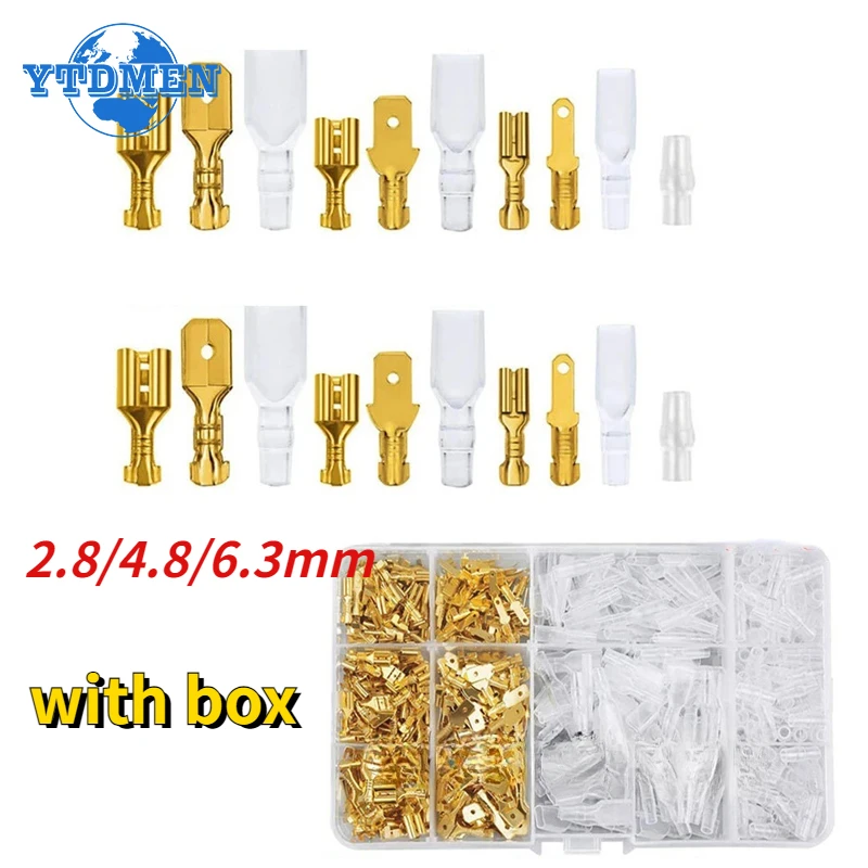 600PCS Terminals 2.8/4.8/6.3mm Female Male Crimp Terminal Kit Brass Car Speaker Electric Wire Connectors and Insulating Sheath