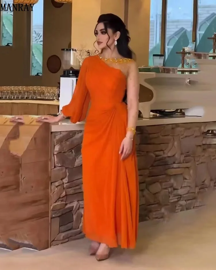 

MANRAY Orange Chiffon Prom Dresses 2023 Saudi Arabia Formal Evening Dress Women Handmade Beaded Long Sleeves Party Gowns Dubai