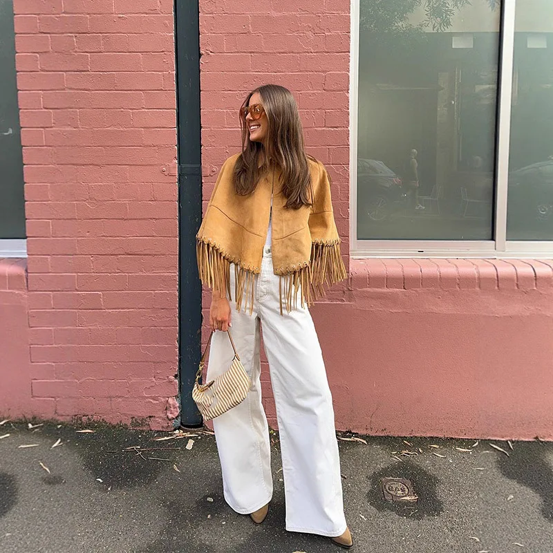 2025 Autumn Winter New Turn Down Collar Fringe Hem Cape Coat Women Elegant Slim Fit Versatile Temperament Top