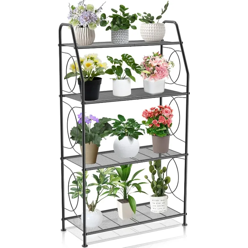 

4 Tier Plant Shelf for Indoor Outdoor, Heavy Duty Metal Tall Plant Stands Holder Rack for Living Room Balcony and Garden Black