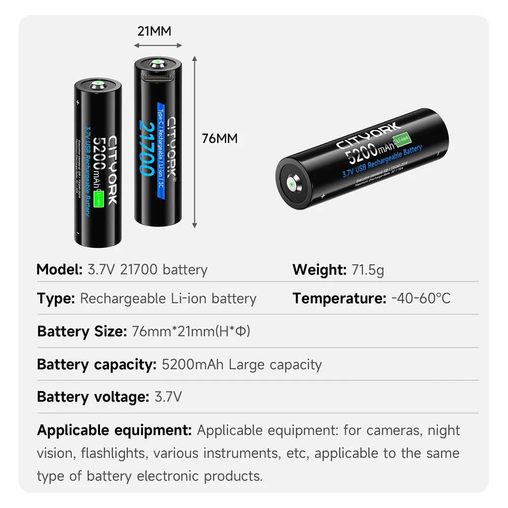 5200mAh 21700 USB بطارية قابلة للشحن 3.7 فولت 21700 بطاريات ليثيوم أيون لمصباح يدوي بطاريات الأجهزة عالية الطاقة