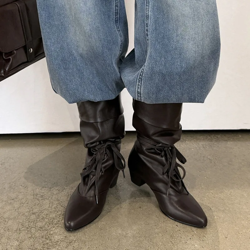 Women MidCalf Slouchy Boots Split Cow Leather LaceUp Block Low Heel PullOn Vintage Korean Style Casual  Boots F359