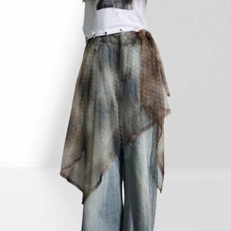 

Summer See Through Mesh Skirt for Women Tie-dye High Waist Lace Up A-line Skirts 2025 New Mid-length Simple Faldas Mujer