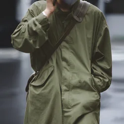 Maden Men's Vintage M65 Fishtail Green And Camel Trench Coat Woven Waist Rope Mid-length Oversized Loose Coat for Men