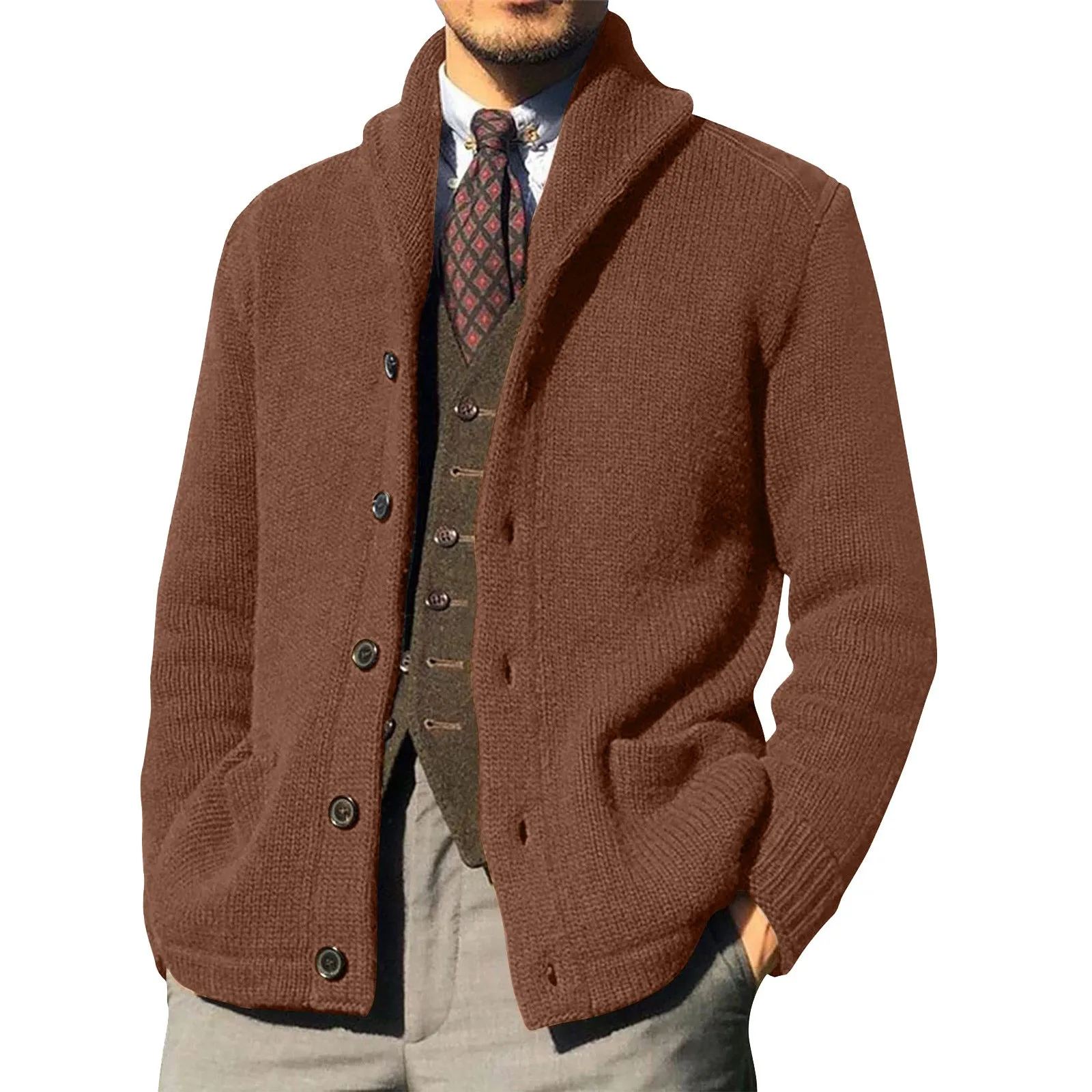 Cardigan da uomo Scialle casual Manica lunga Bottoni solidi Maglione lavorato a maglia Dolcevita tinta unita Felpa in lana Uomo Inverno all'aperto