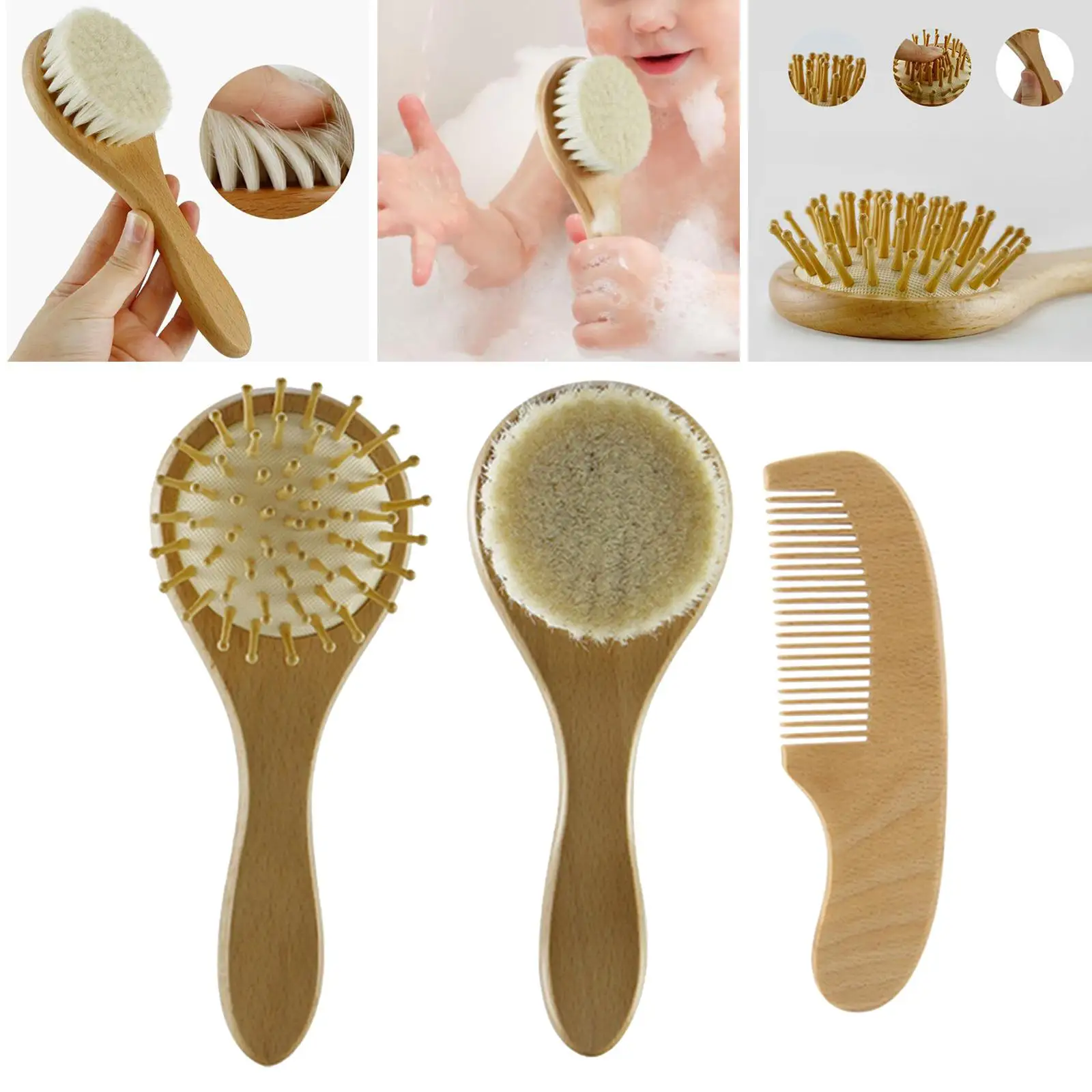 

3x Wooden Handle Hair Brush Comb Air Cushion Comb Smooth Hairbrush for Baby