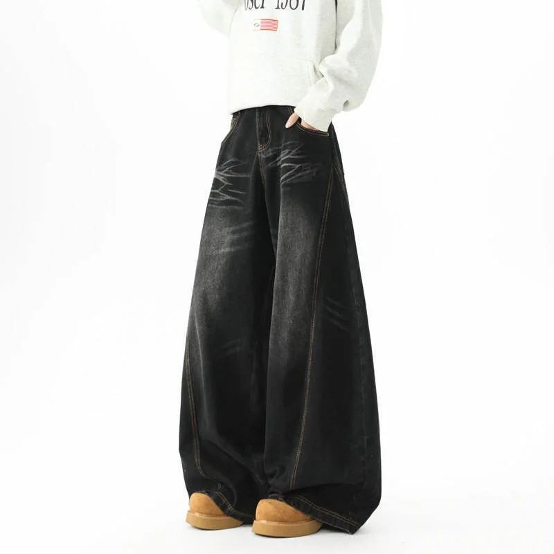 Women's Black Machete Jeans High Street American High Waisted Retro Design Hip Hop Straight Leg Baggy Jeans Y2K Wide Leg Jeans