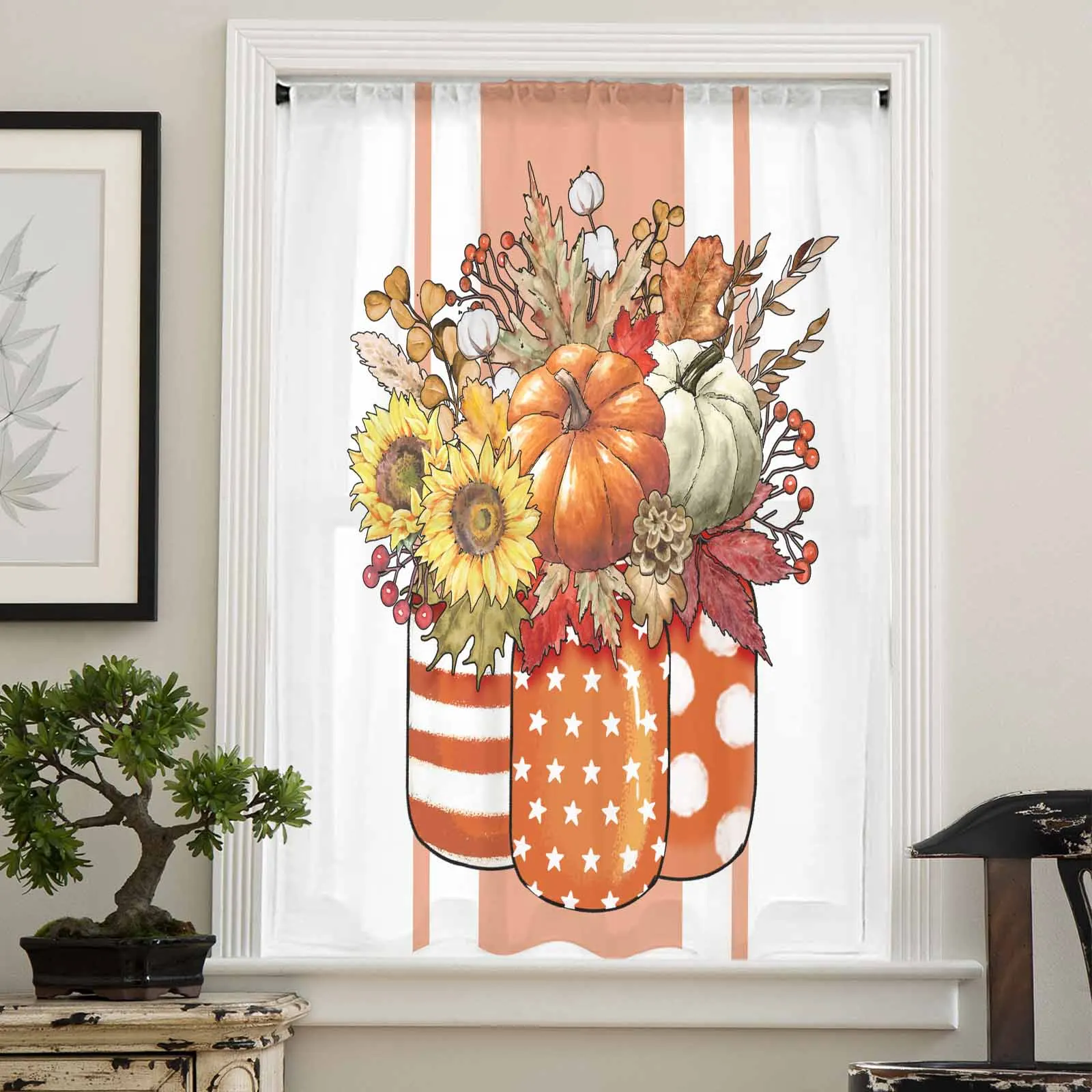 Autumn Maple Leaf Bouquet Sheer Curtains for Living Room Bedroom Window Treatment Kitchen Chiffon Curtain