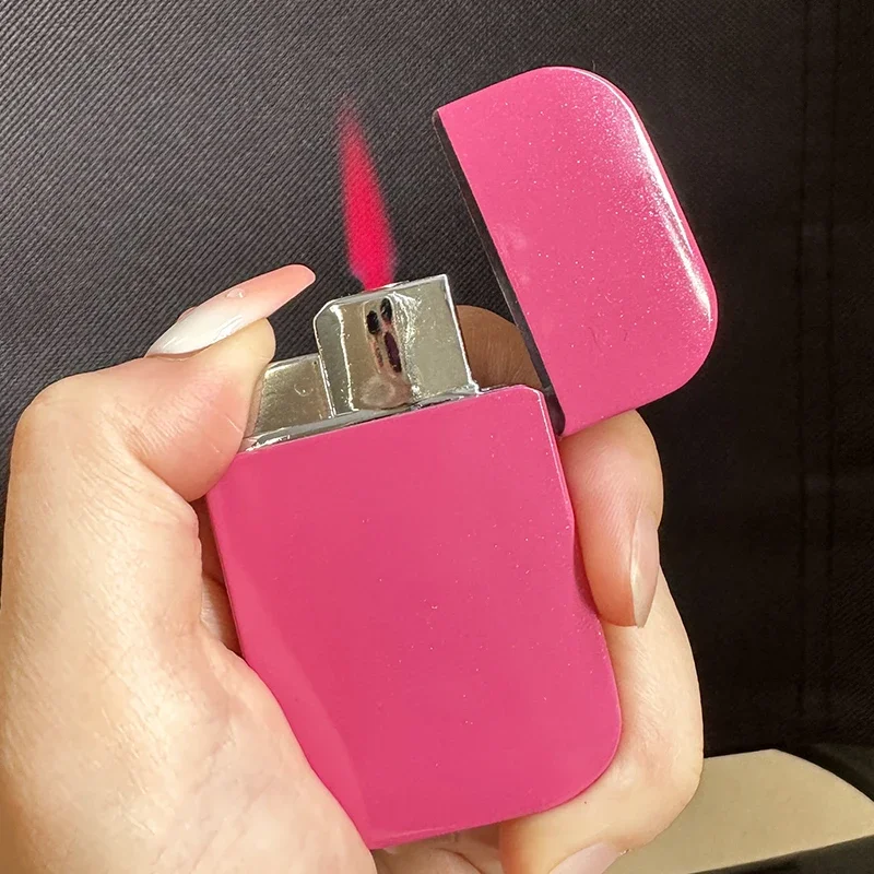 Ultra-thin Metal Windproof Inflatable Lighter Spray Pink Flame Butane Portable High Firepower Lighter Women's Smoking Gift - Image 4