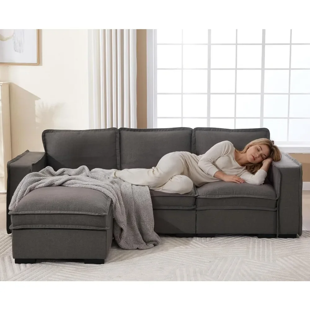 Sofá seccional tapizado de tela de lino cómodo y moderno de 93 pulgadas, 3 plazas, sofá nube con asiento profundo de 24" para sala de estar