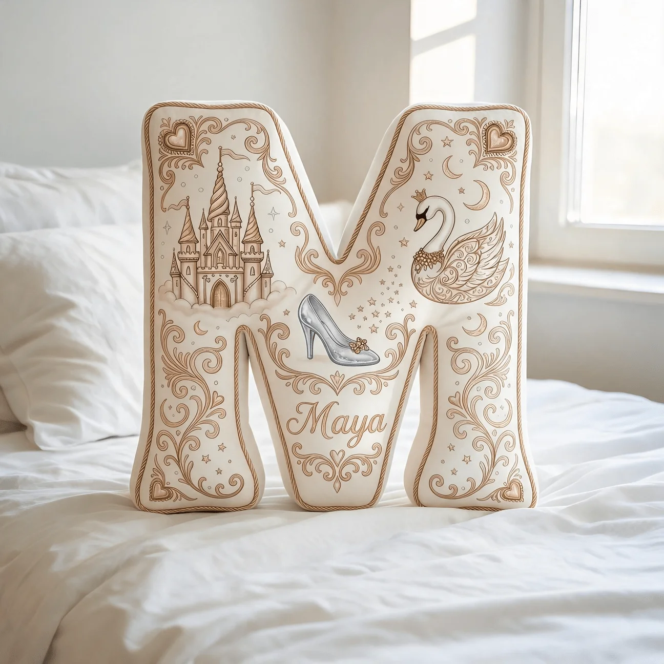 Custom Photo Letter M Pillow Castle Swan Glass Slipper Cushion Unique Home Decor for Sofa Bedroom Gift Adults Birthday Valentine