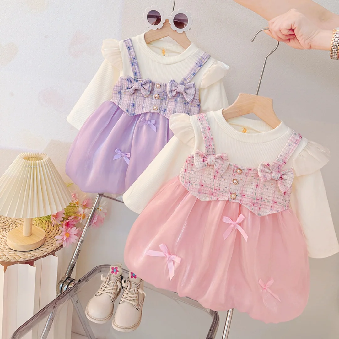 

Baby Girl Dress Autumn Winter Cotton Bow Mesh Long Sleeved Girls Dresses Cute Casual Christmas Princess Dress Baby Clothing