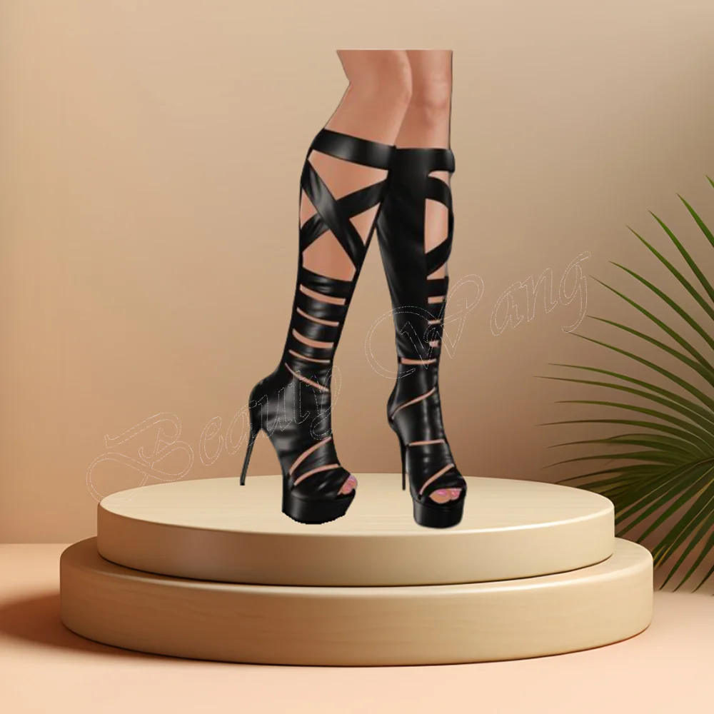 

Black Hollow Peep Toe Sandal Boots Spike Heel Cover Heel Knee High Heel Shoes for Women Runway High Heels 2023 Zapatillas Mujer